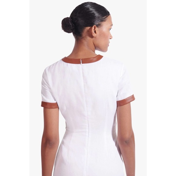 STAUD Dress Womens Small White Whiskey Perla Midi Linen Cut Out Sheath Leather - Picture 2 of 16